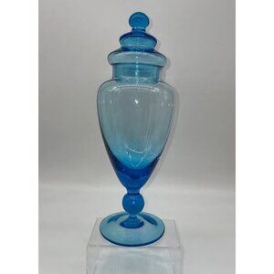 Vintage Italian Empoli Hand Blown Apothecary Jar Candy Dish Blue Aqua